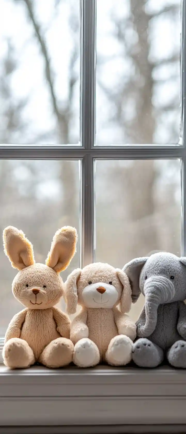 Four stuffed animals sit quietly together by a window