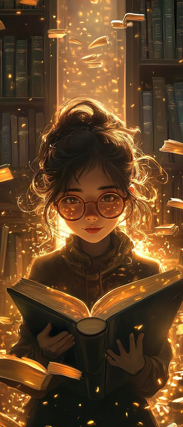Anime girl in a magical library with floating books