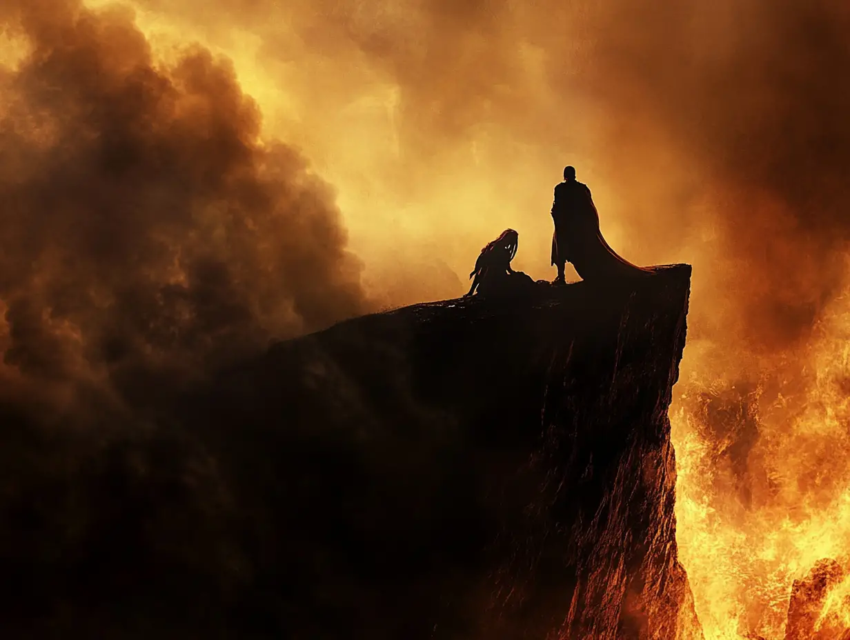 Roman warrior kneels by fallen maiden above burning city