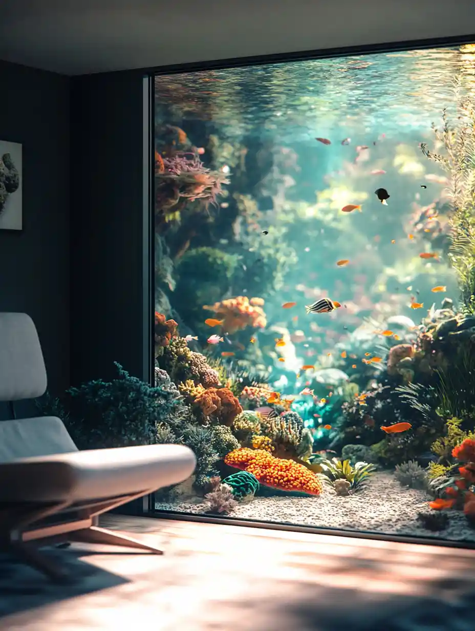 Modern room with window opening to underwater world