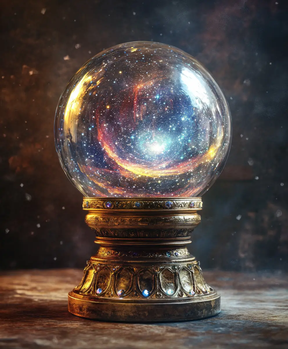 Crystal ball with galaxy on distressed grunge background