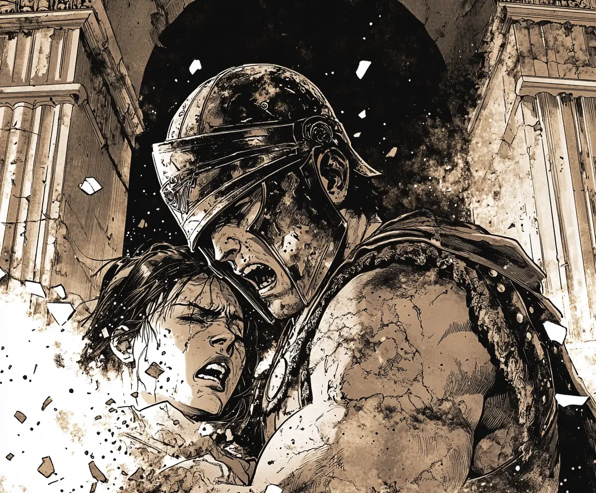 Roman warrior carrying Greek woman through burning ruins