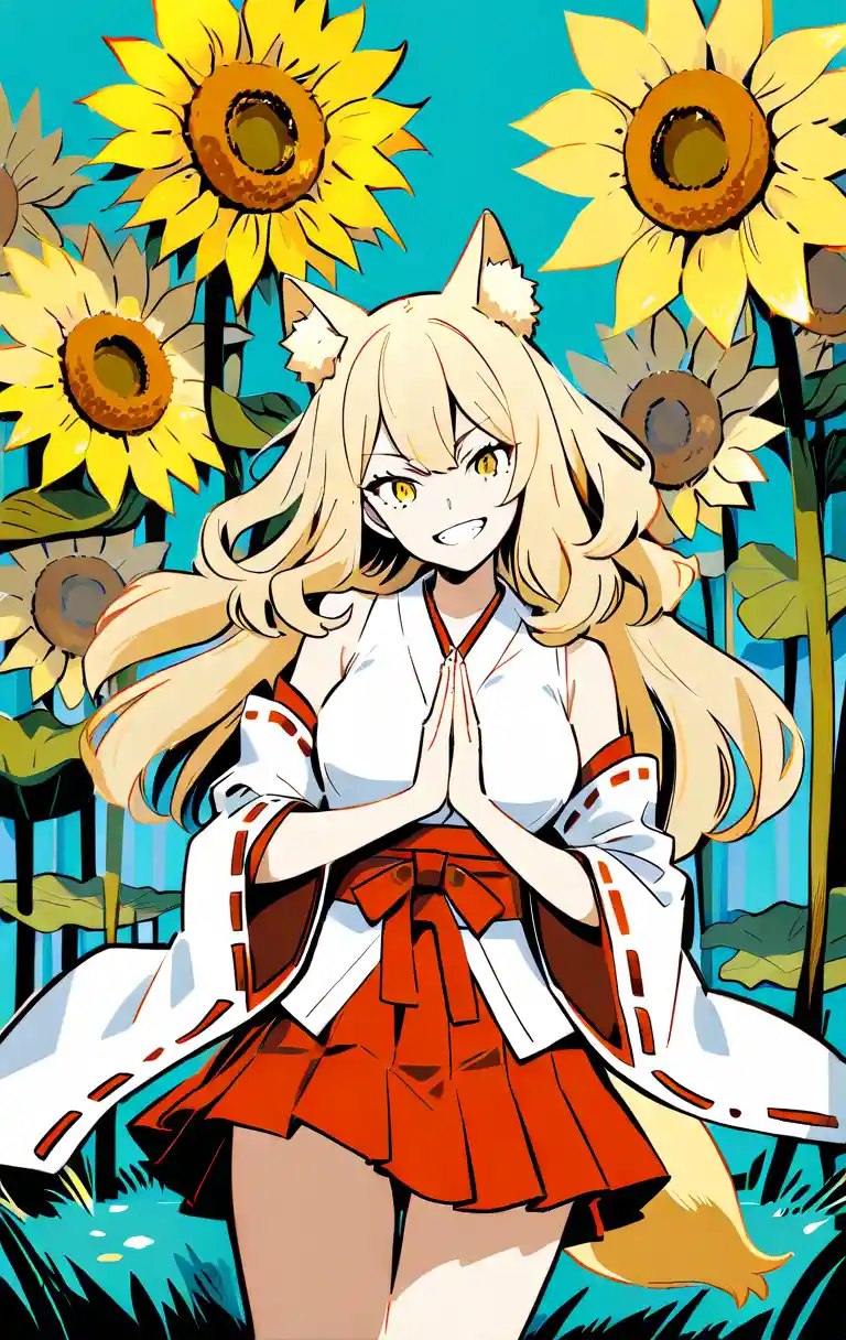 Fox tailed anime girl meditating in sunflower field
