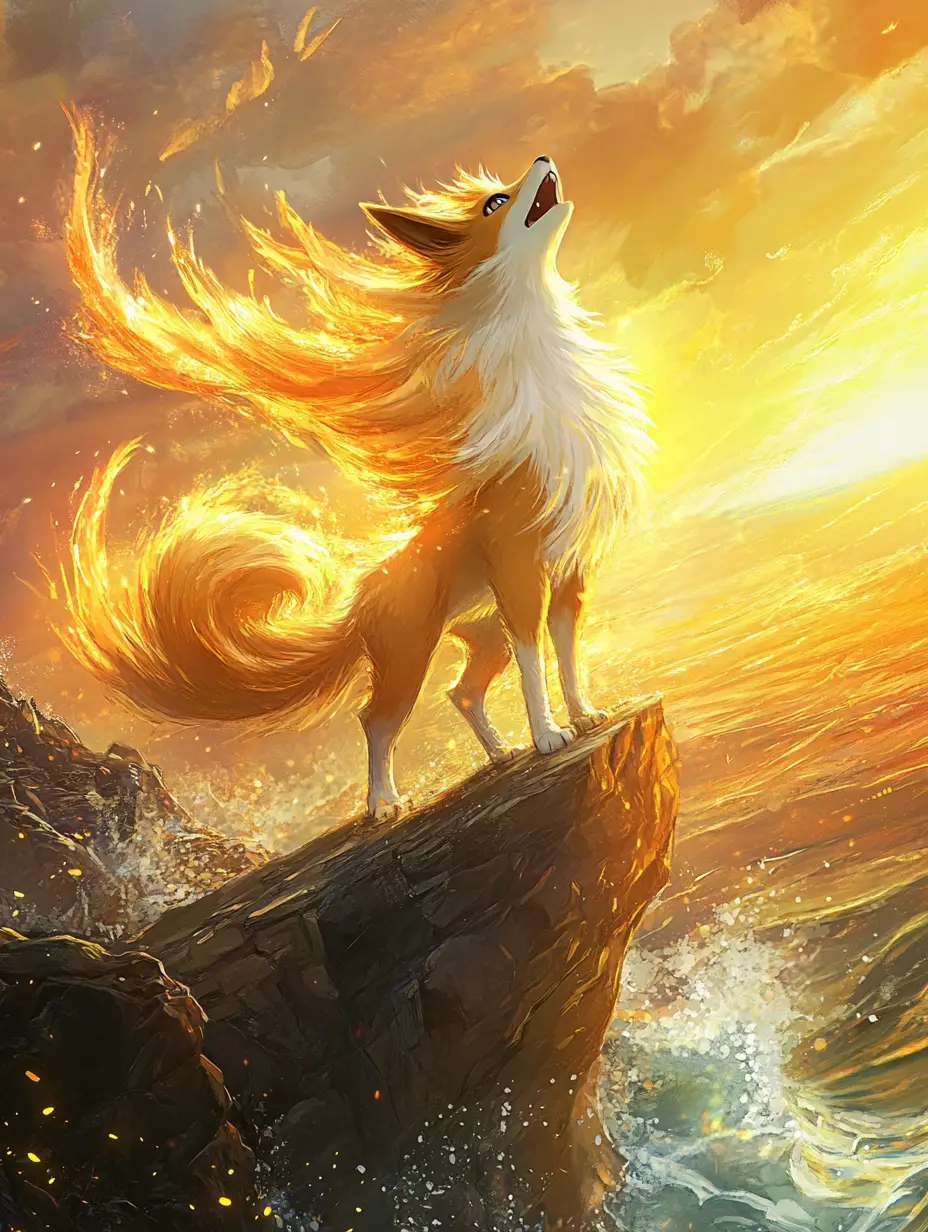 Cute fantasy fox roaring on a cliff at sunset