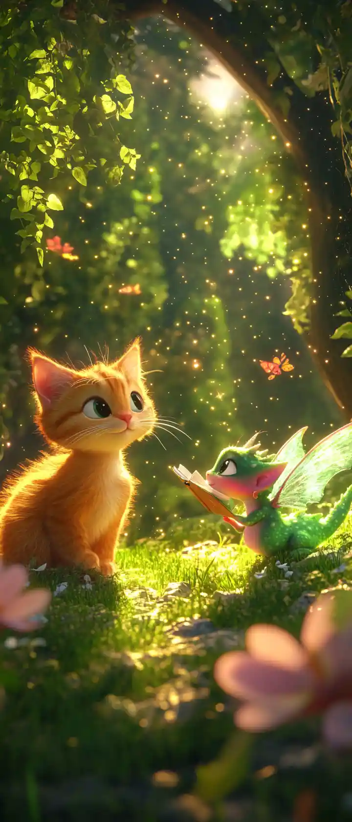 Siamese kitten and baby dragon in a magical meadow