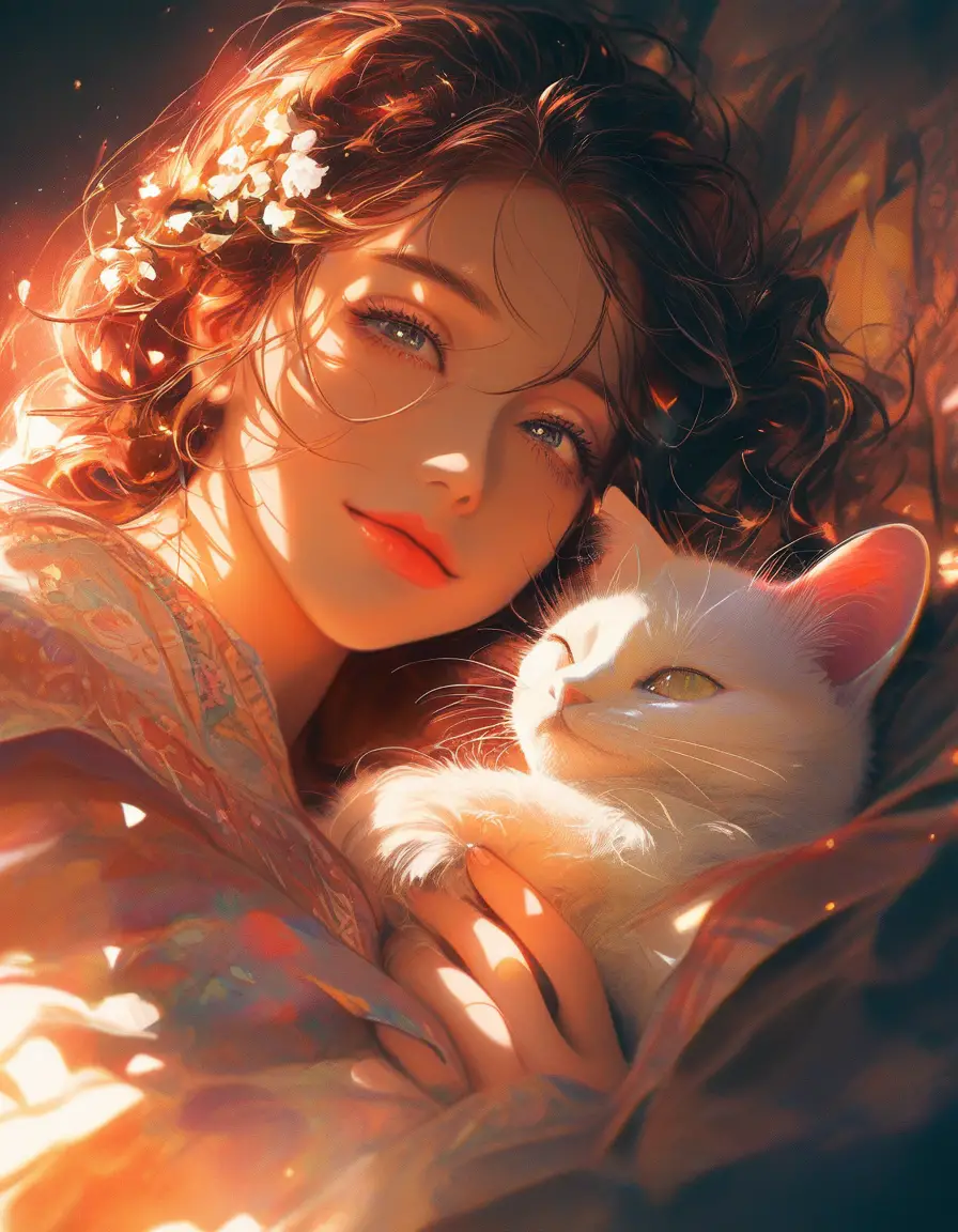 Young woman cuddling white cat on vintage bed
