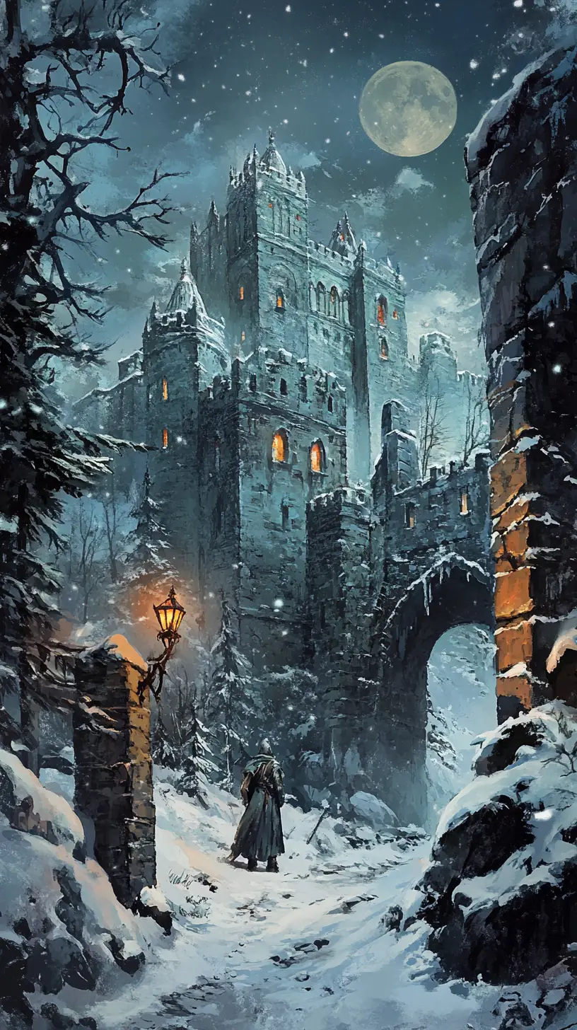 Snowy fantasy castle glowing under winter moonlight