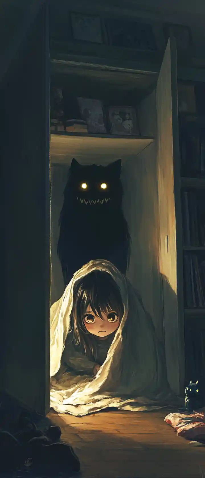 Anime girl hiding under blanket with friendly closet shadows