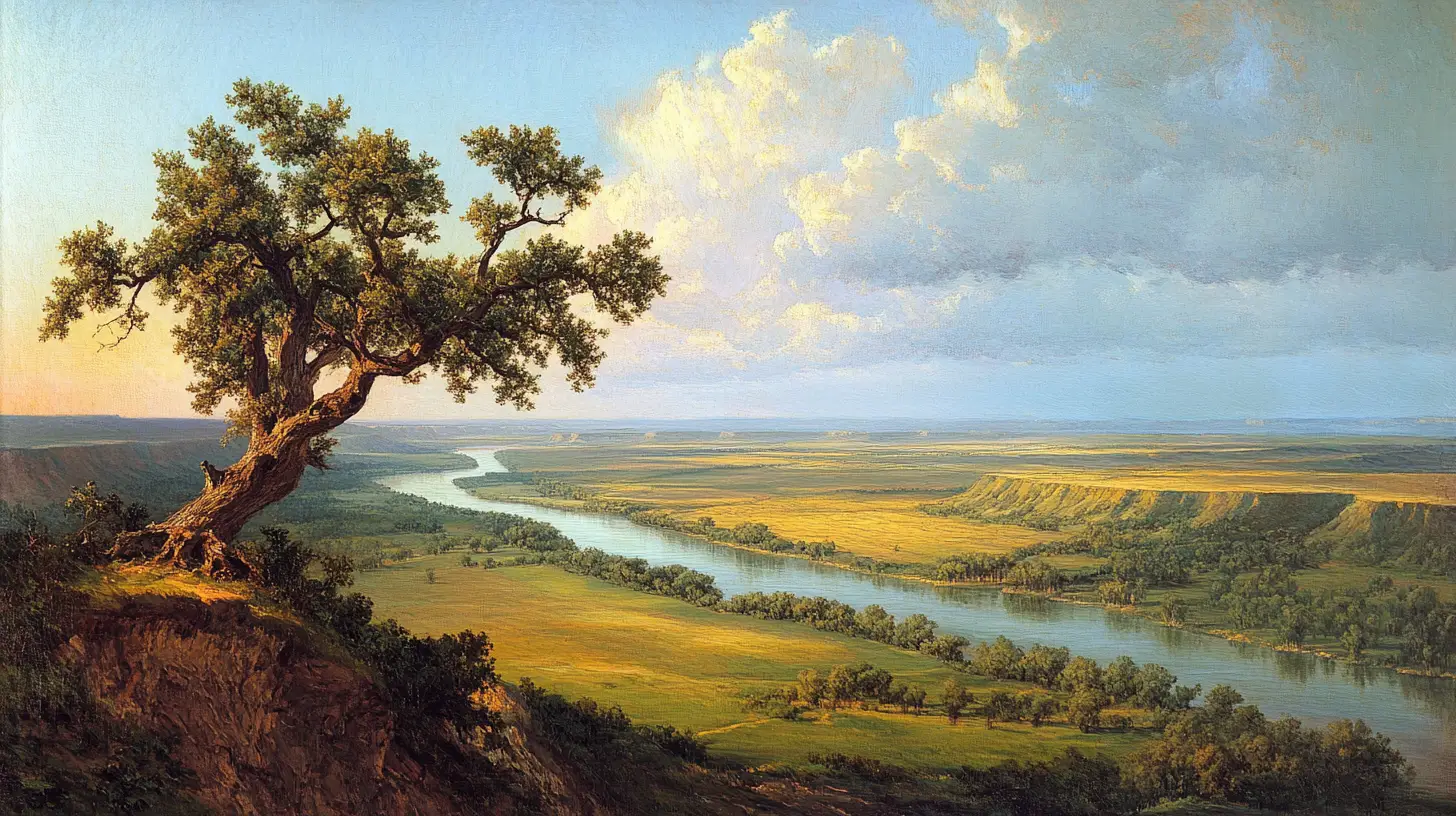 Golden river valley farmland viewed from a high bluff