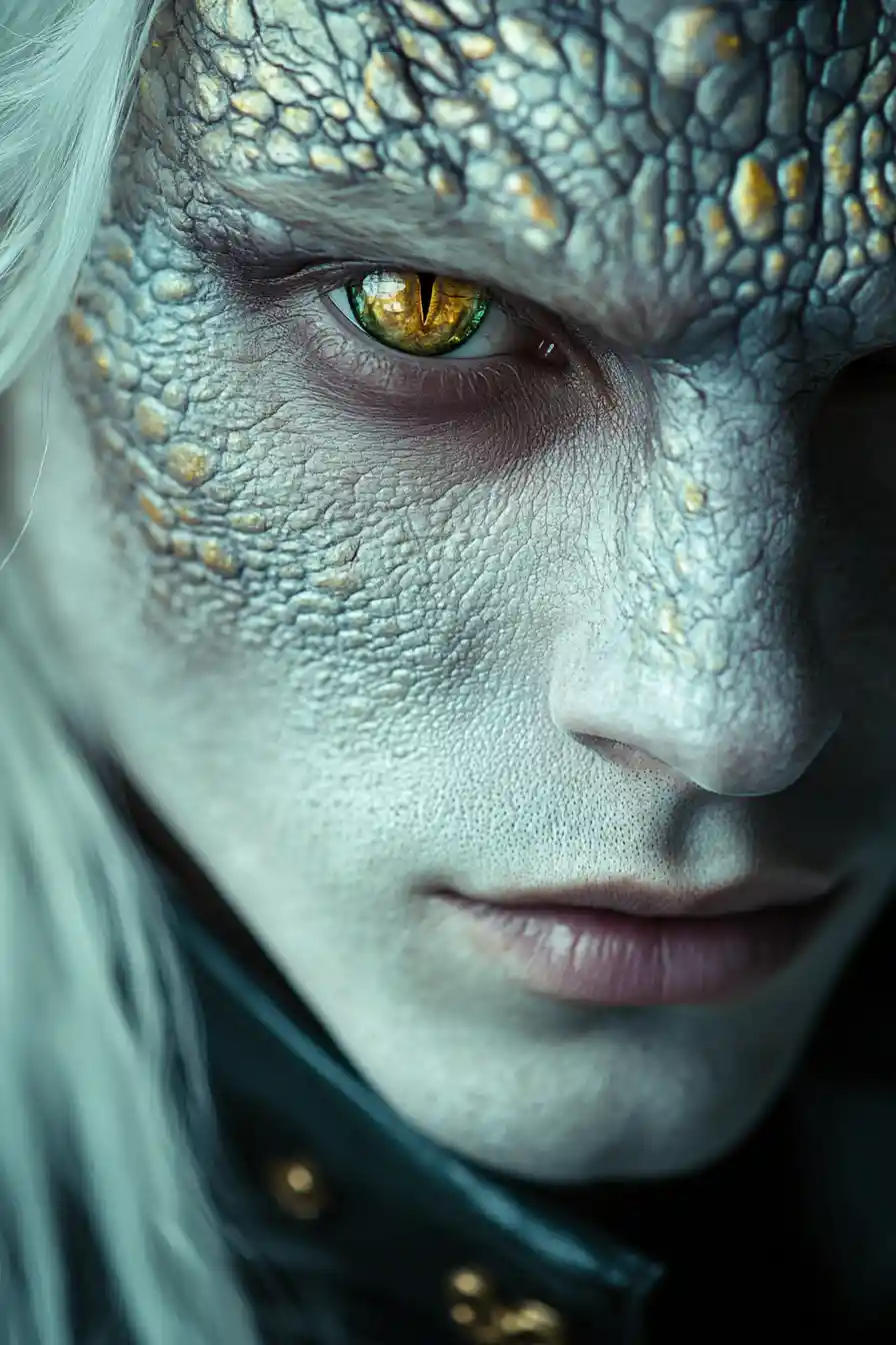 Portrait of a male human alien hybrid with dragon eyes