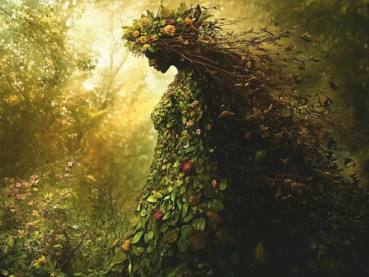 Mystical Forest Druid Woman In Leaf And Flower Gown