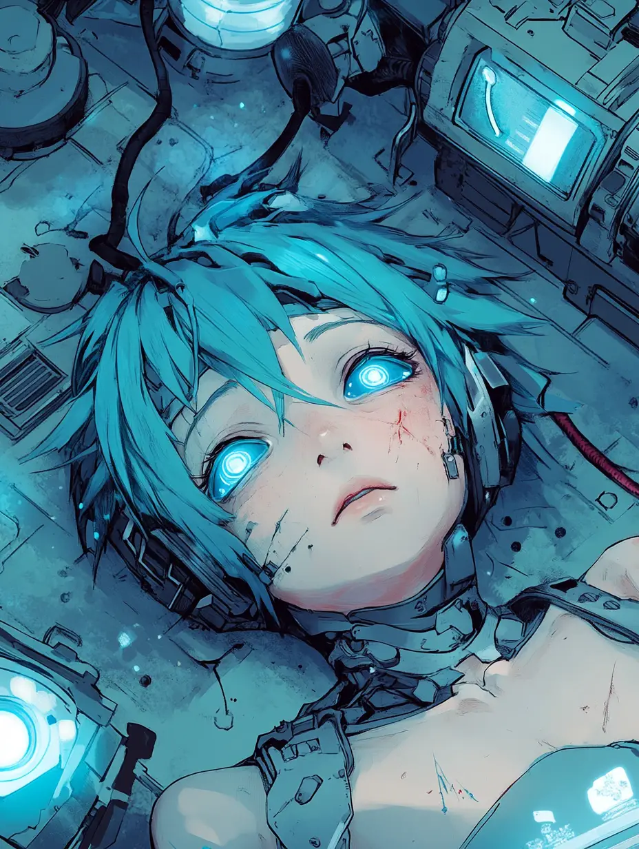 Injured anime robot girl lying on laboratory floor