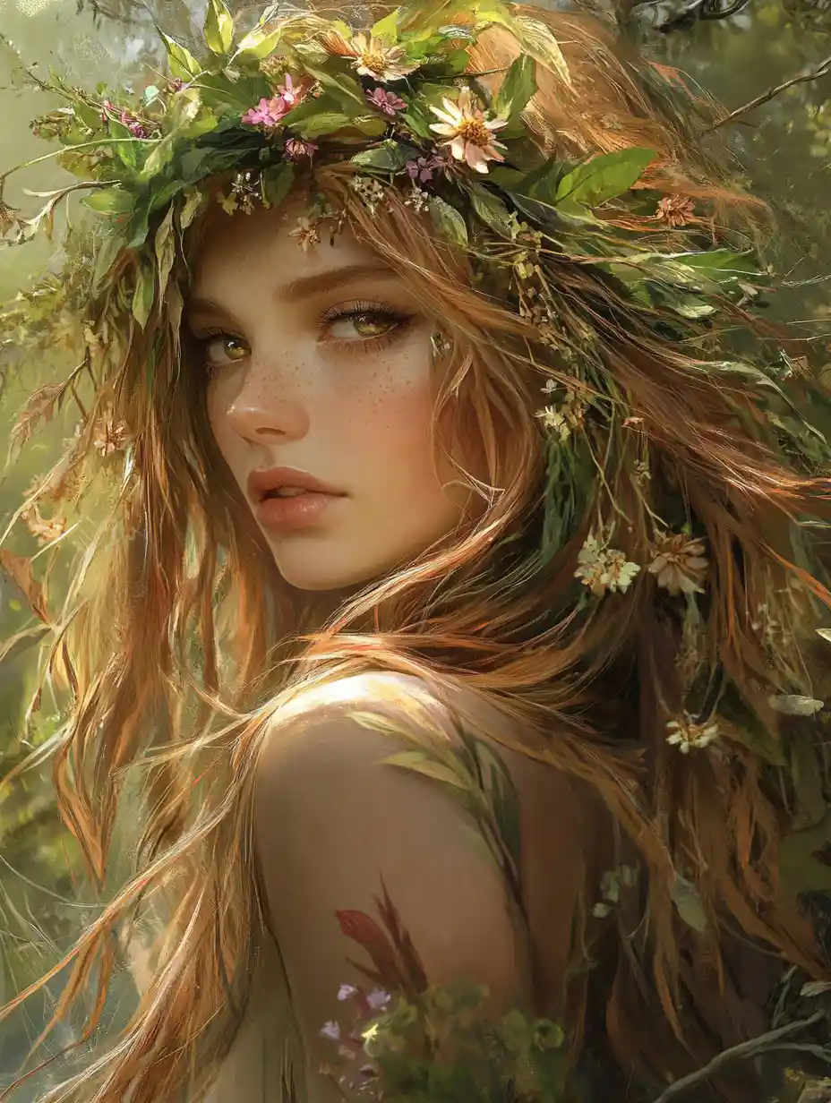 Golden haired wood elf woman walking in forest