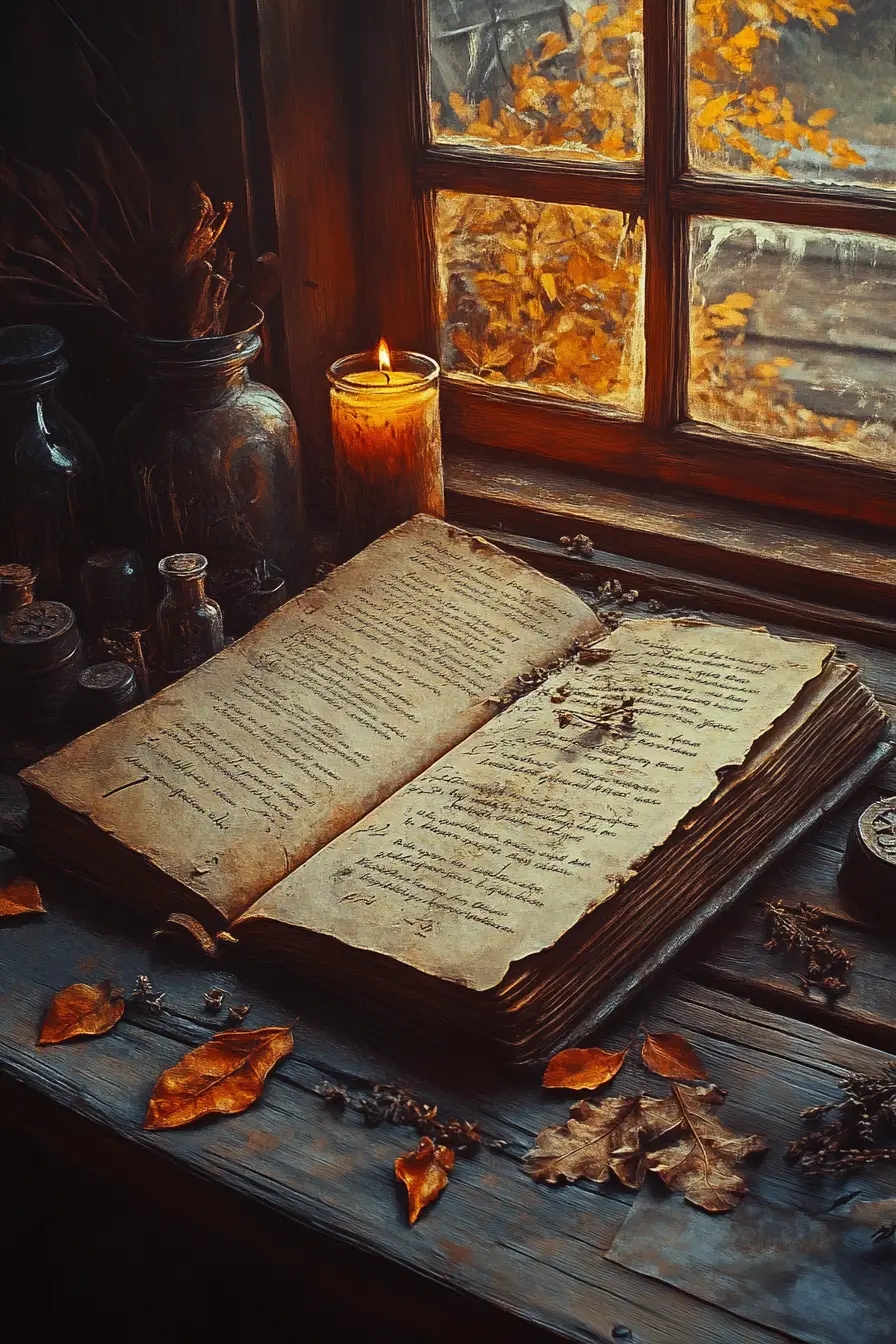 Ancient spellbook still life with candles in a wooden cabin