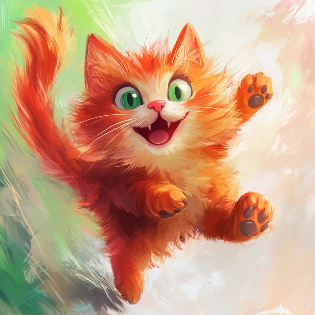 Playful red cartoon cat with bright green eyes prancing