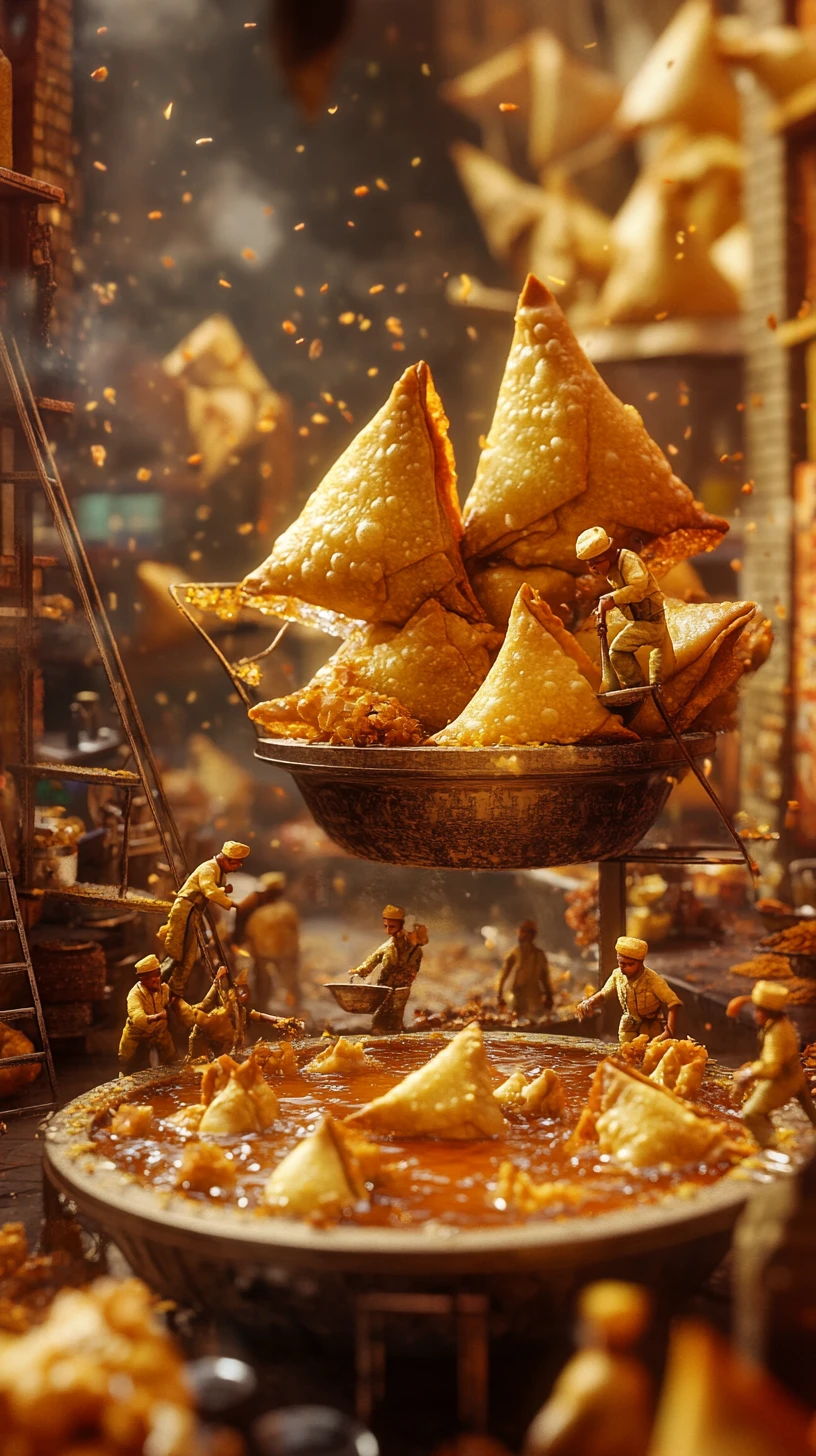 Minuscules travailleurs faisant frire d’énormes samoussas dans un snack animé
