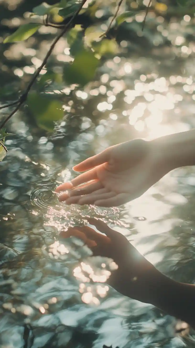 Warm sunlight over leaves and tranquil lakeside hands
