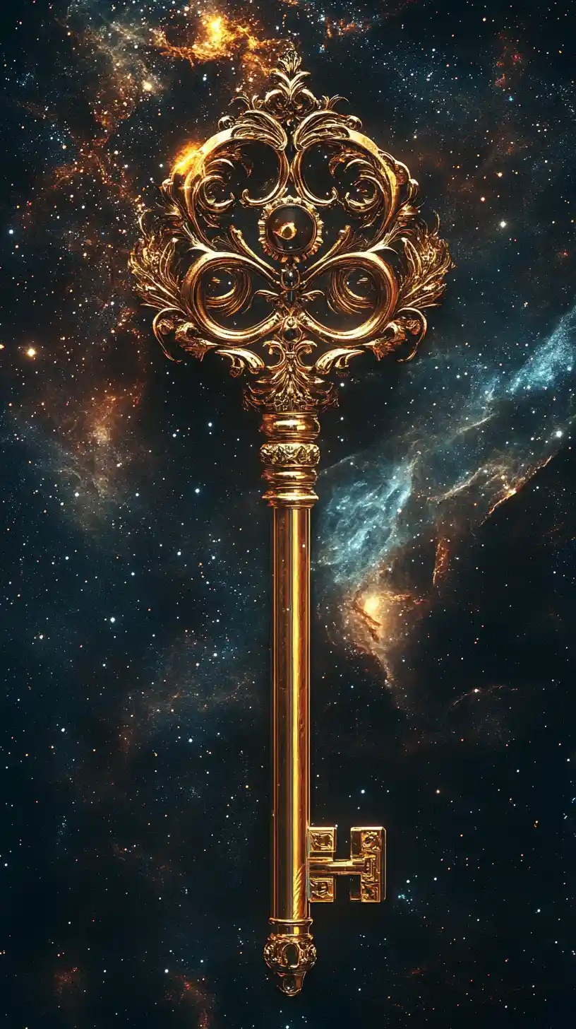 Golden ornate key floating on a cosmic starry background