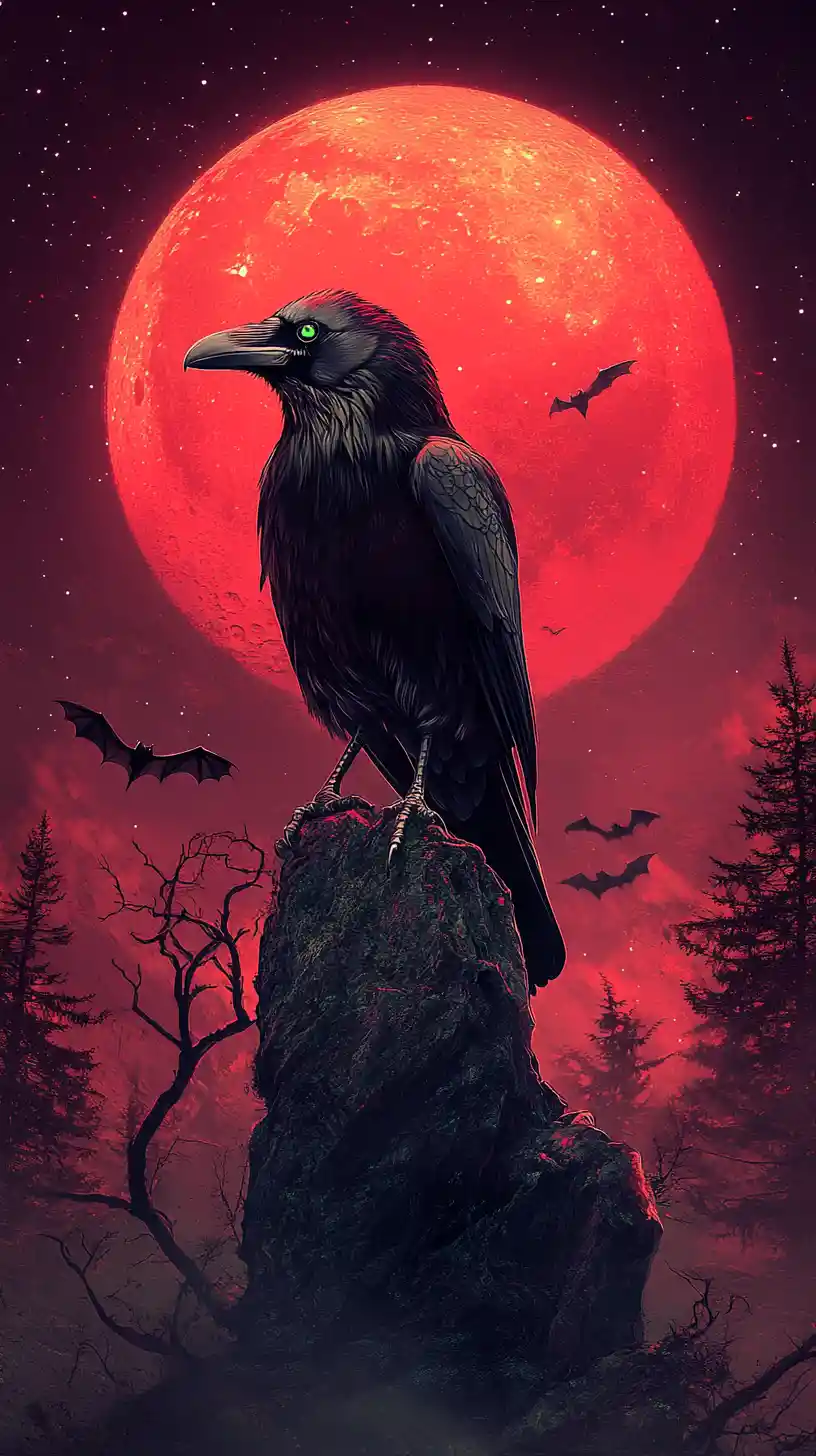 Corvo maestoso sotto un cielo di foresta illuminato da una luna rosso sangue