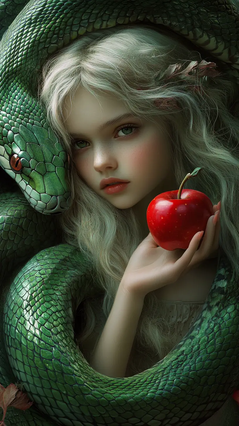 Girl With Green Snake Holding A Red Apple