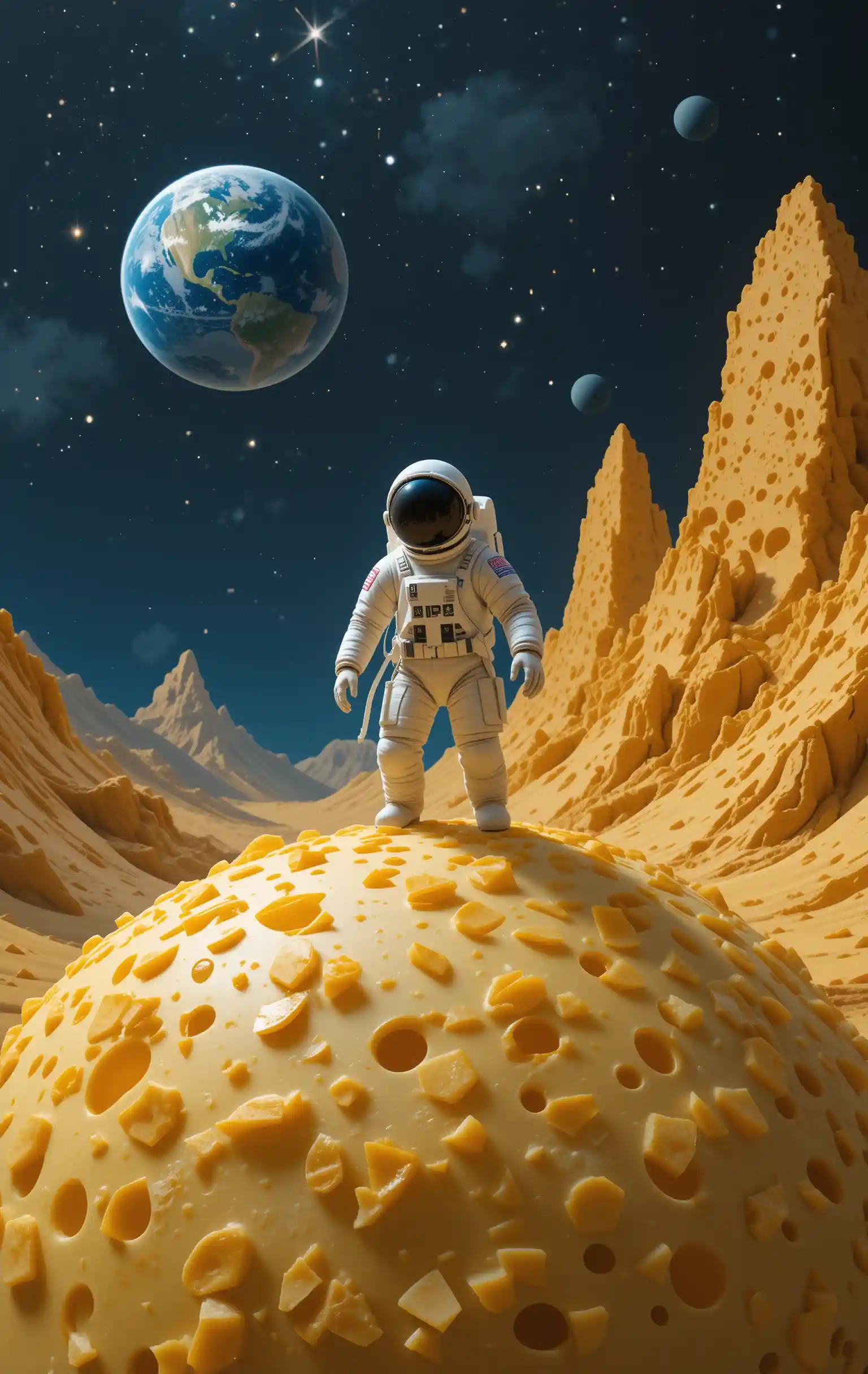 Astronaut On Cheese Planet Under A Distant Night Earth