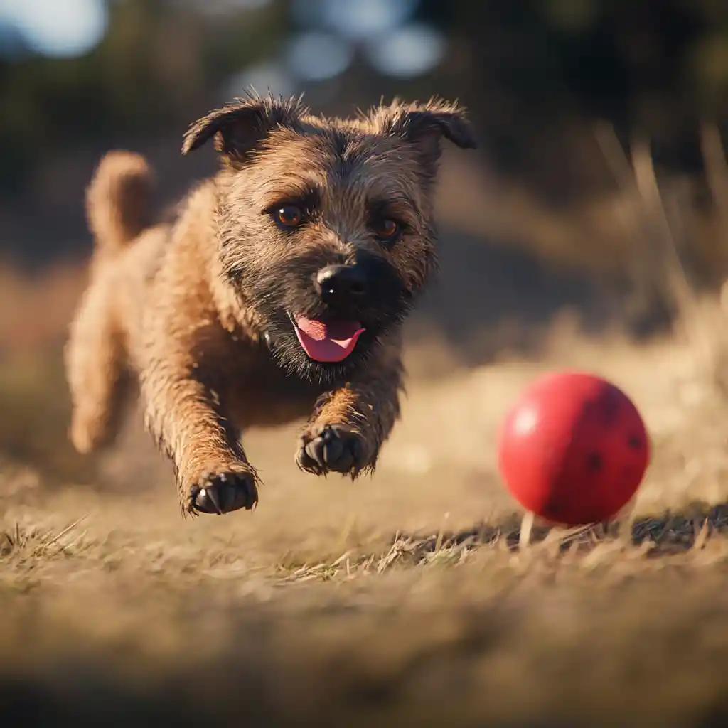 Border terrier che insegue una palla rossa in una scena 3D dinamica