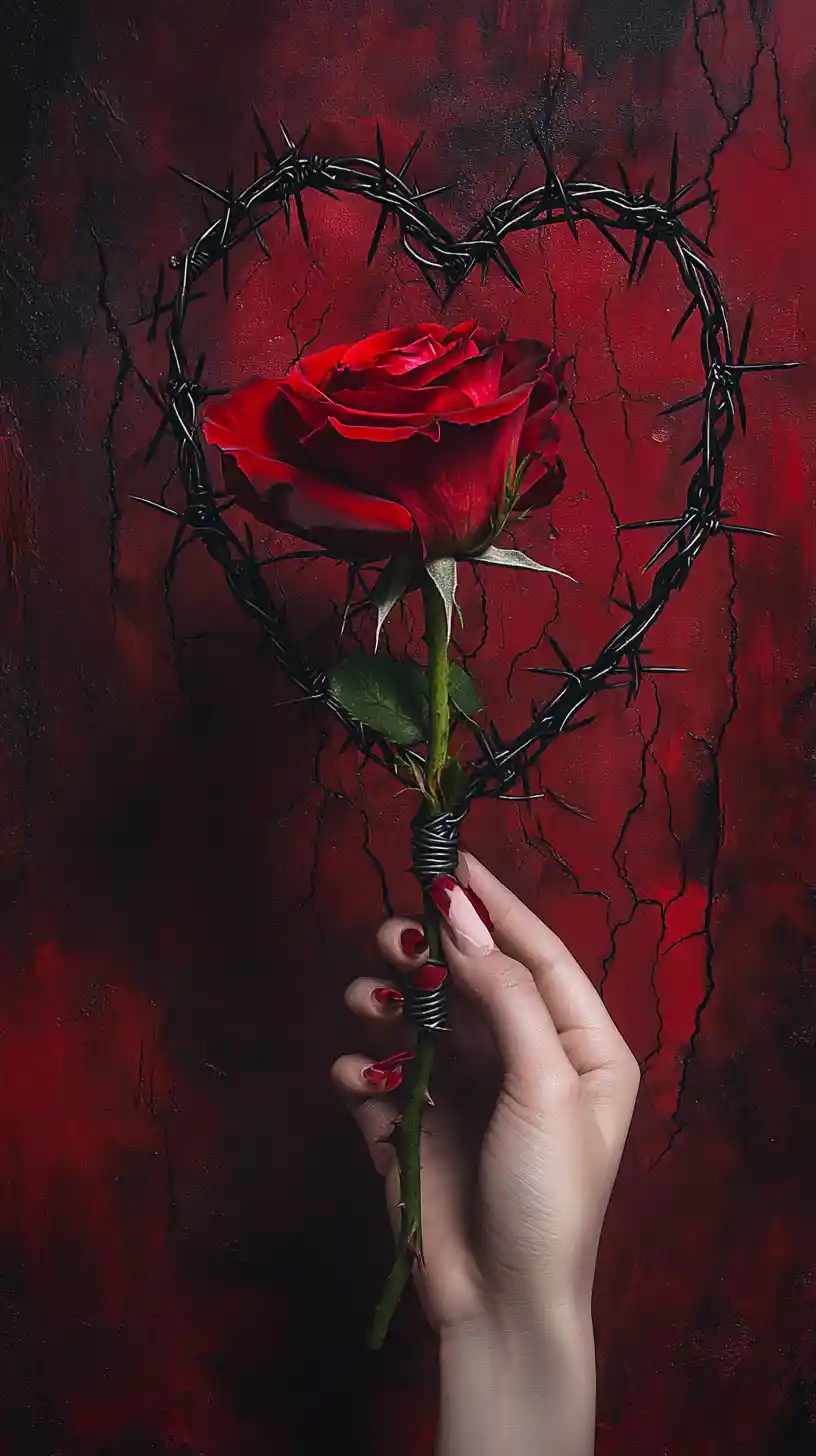 Red rose wrapped in barbed wire before a broken heart