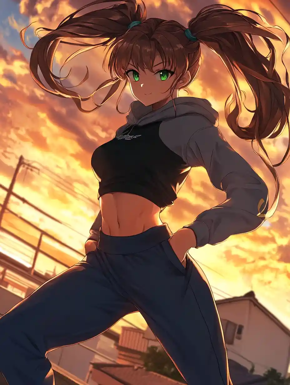 Anime girl leaping above city rooftops at orange sky sunset