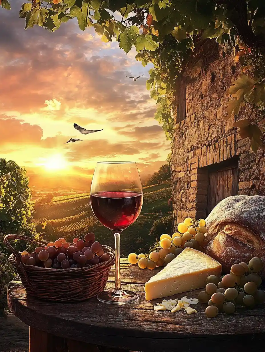 French countryside wine and cheese at warm sunset