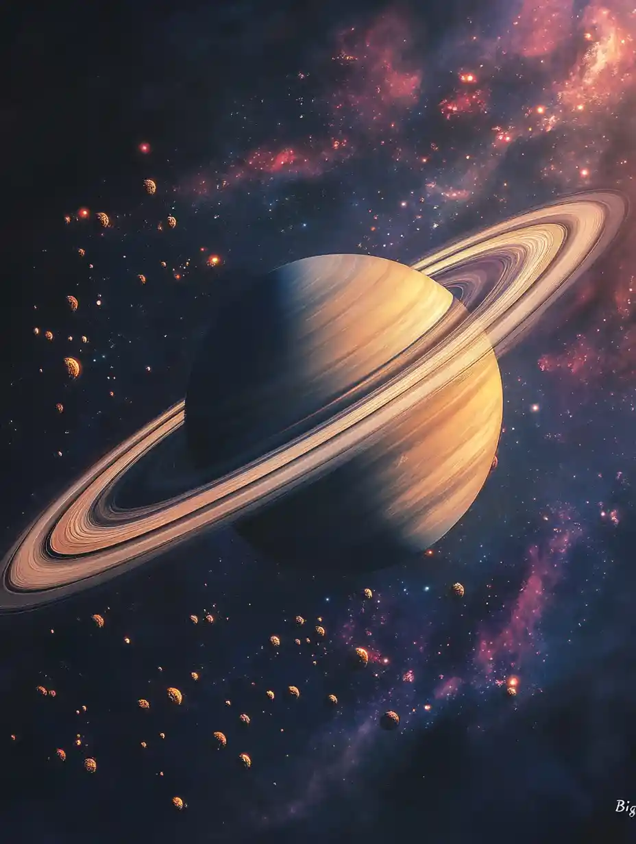 Surreal Saturn With Asteroid Rings In Deep Outer Space