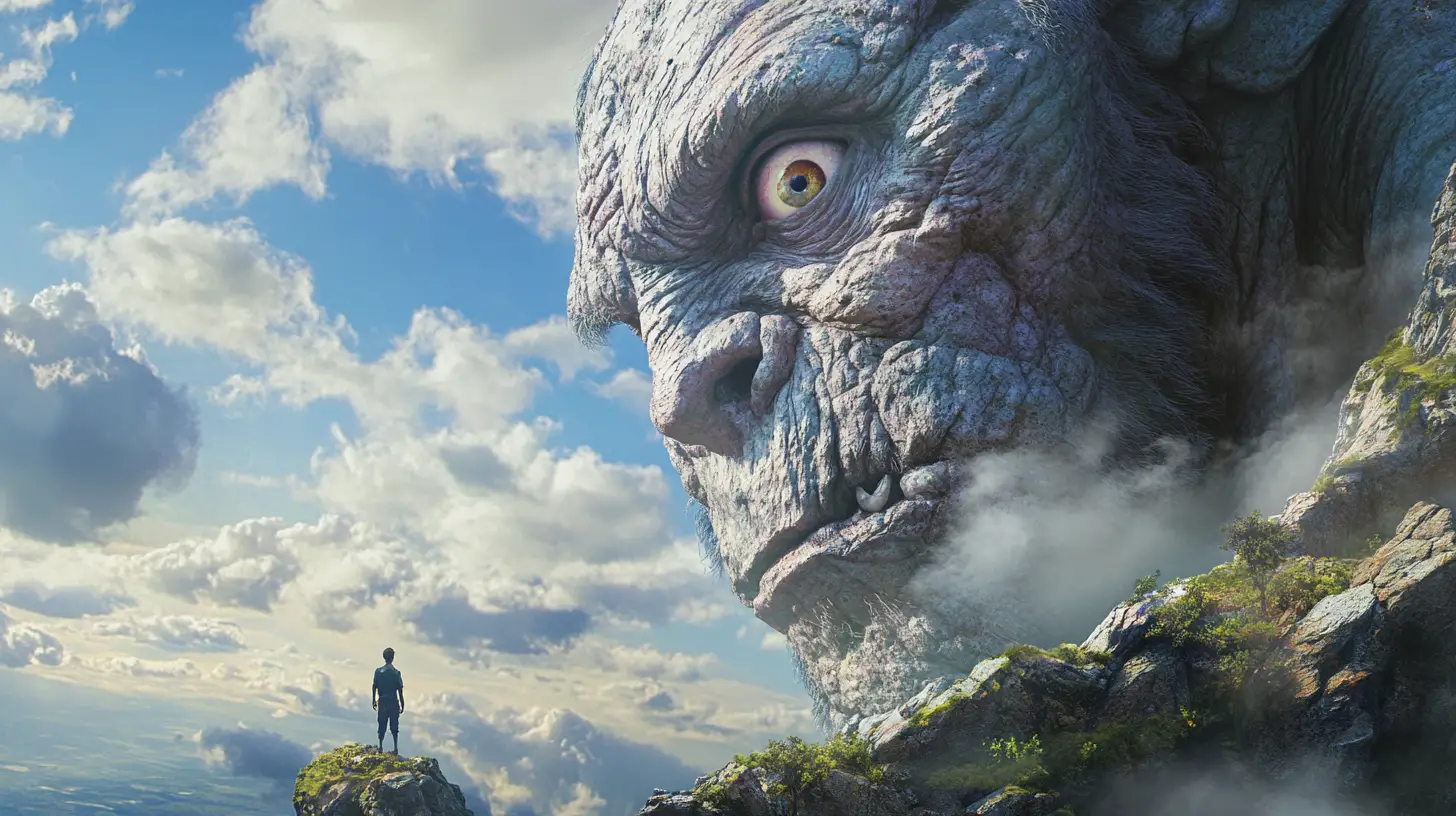 Giant One Eyed Creature Speaking To Man On Cliff