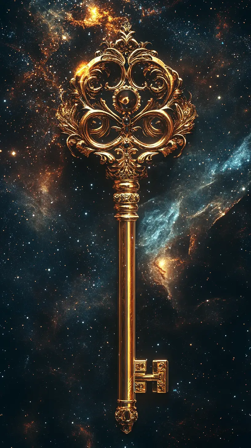 Golden ornate key floating on a cosmic starry background