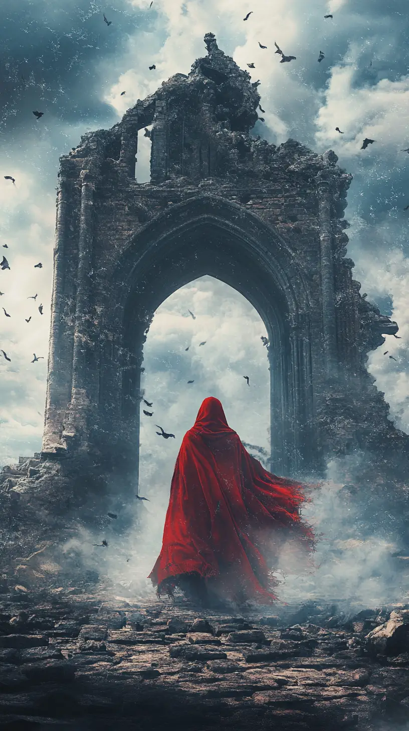 Hooded wanderer leaving a crumbling gothic archway