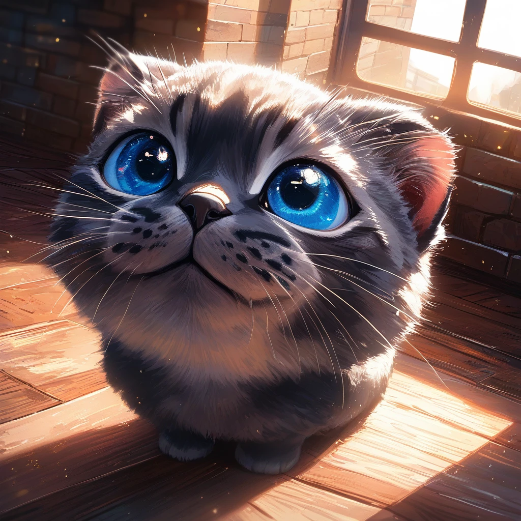 Cachorro de gato de ojos azules curioso en el interior de un apartamento soleado