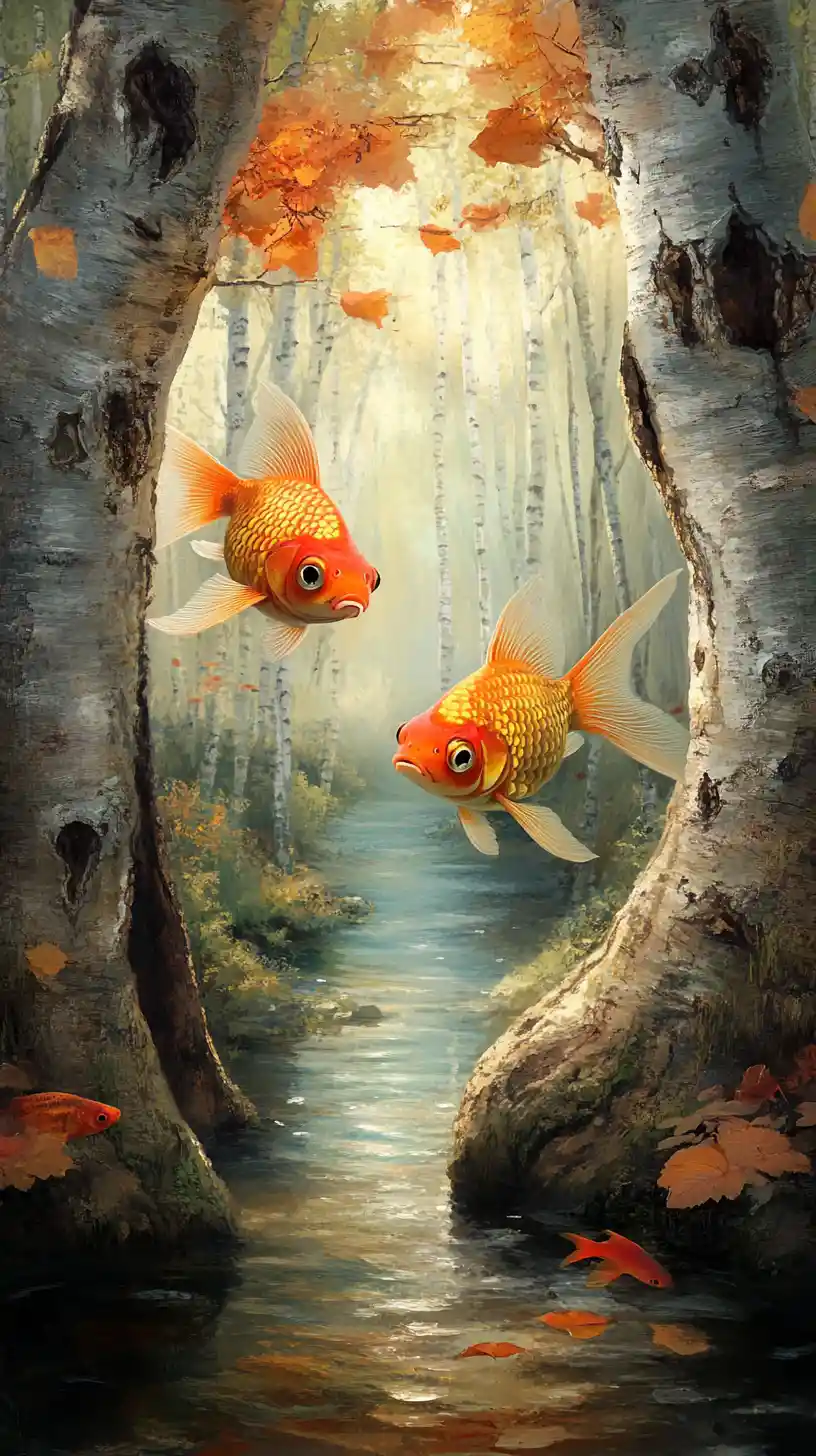 Two clownfish swimming inside a tree trunk aquarium