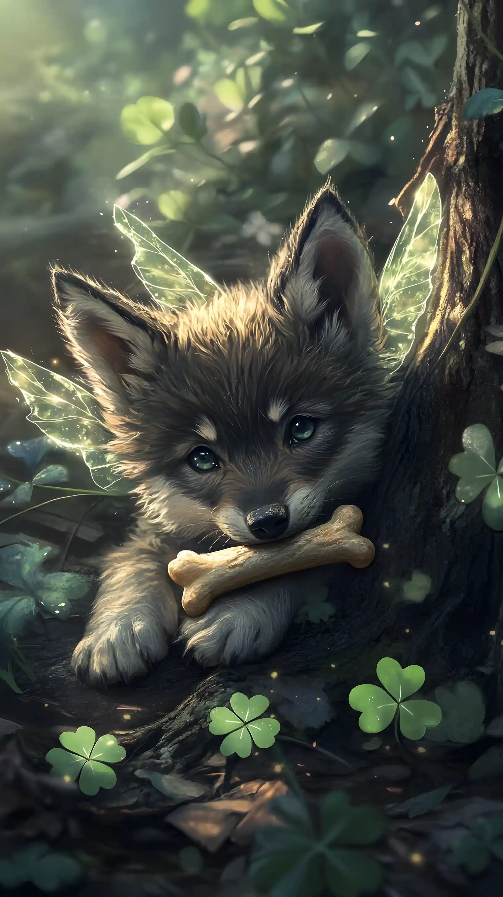 Baby wolf with angel wings resting under forest log