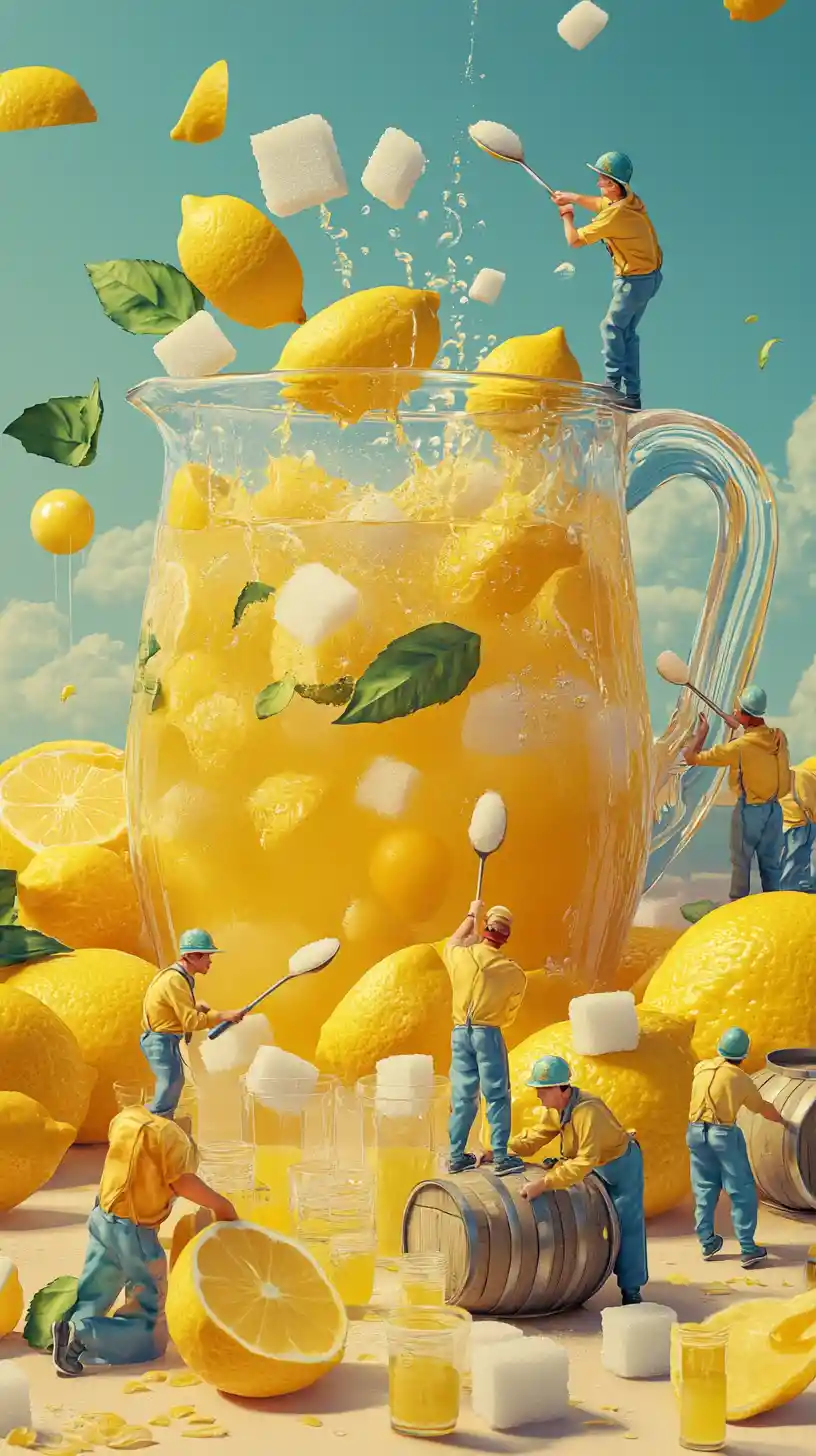 Tiny workers making lemonade from giant lemons