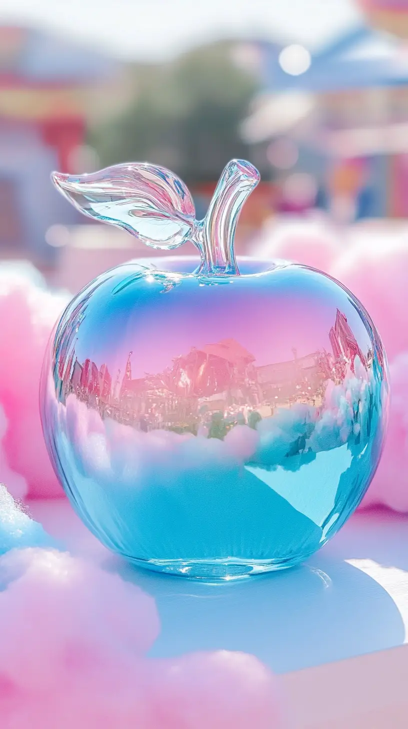 Glass apple on cotton candy table in pastel colors