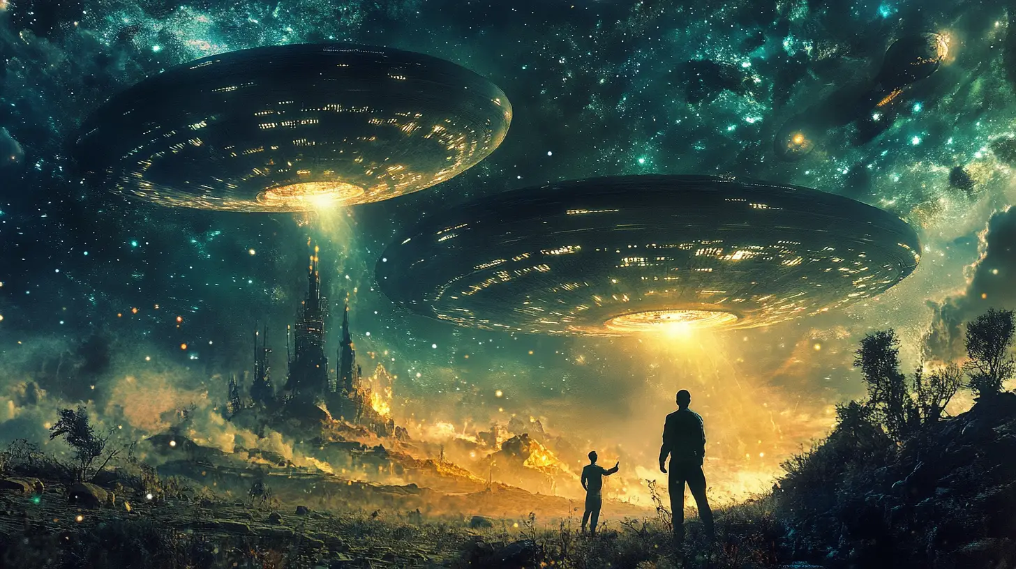 Colorful aliens meeting a man beside a landed spaceship