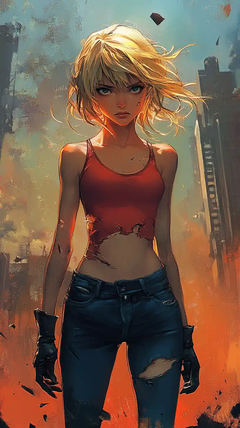 Young anime blonde girl in torn black widow inspired outfit