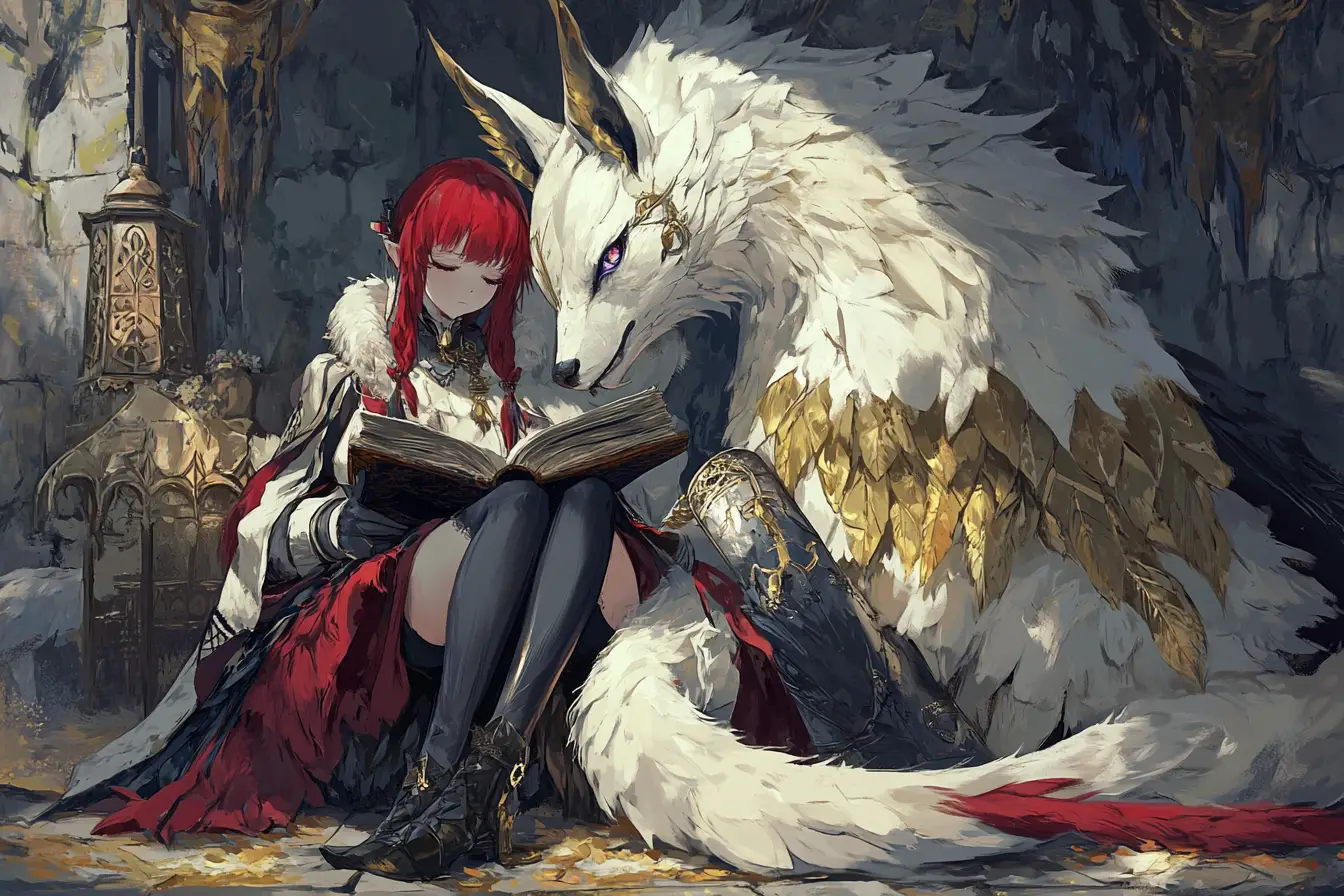 Red haired anime girl with ice sword in palace
