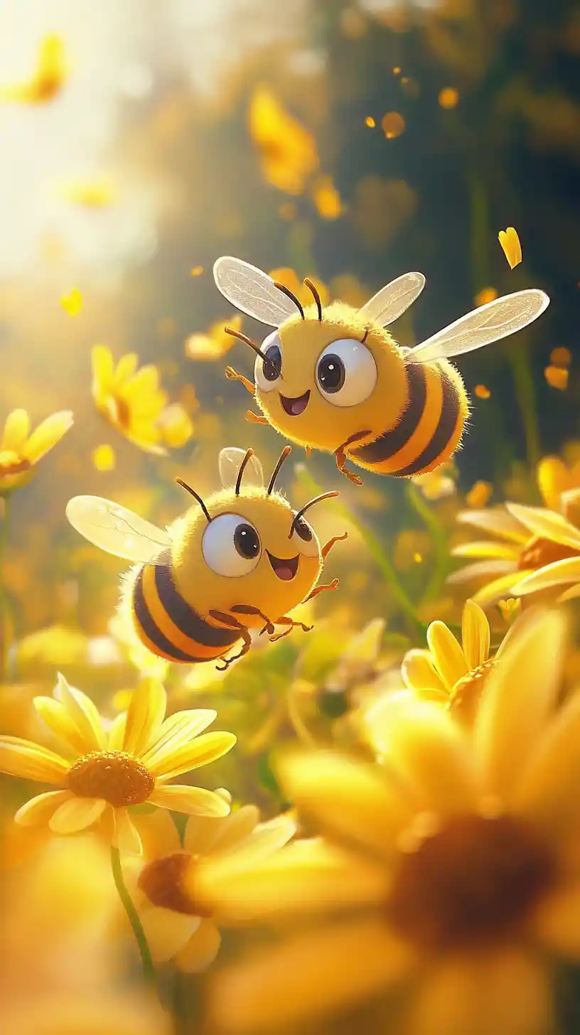 Cute cartoon bees flying among bright yellow daisies