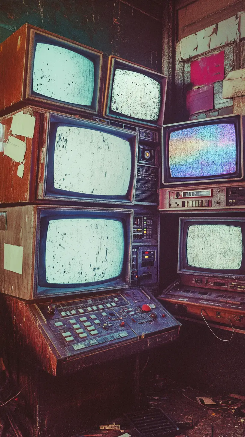 Sala de control analógica polvorienta con pantallas en estática