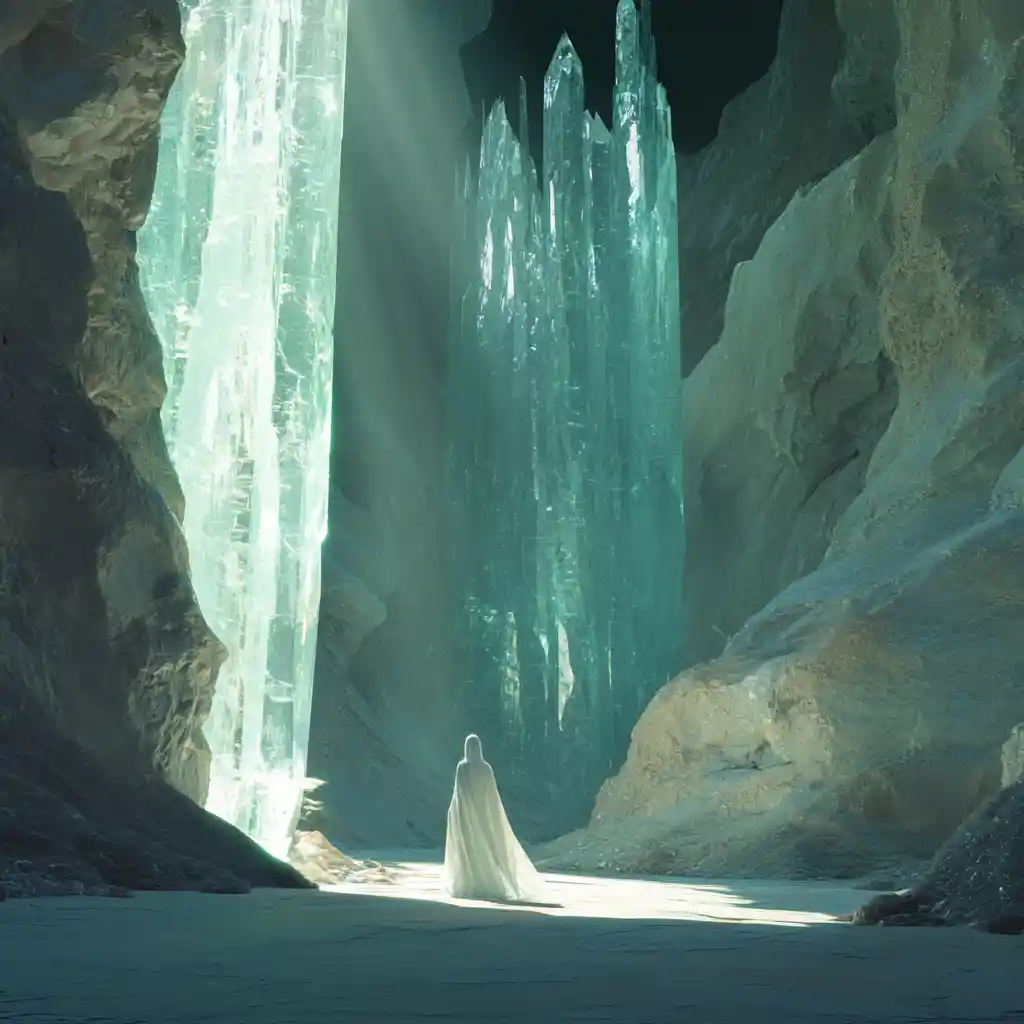 Lone cloaked figure in a sunlit crystal canyon