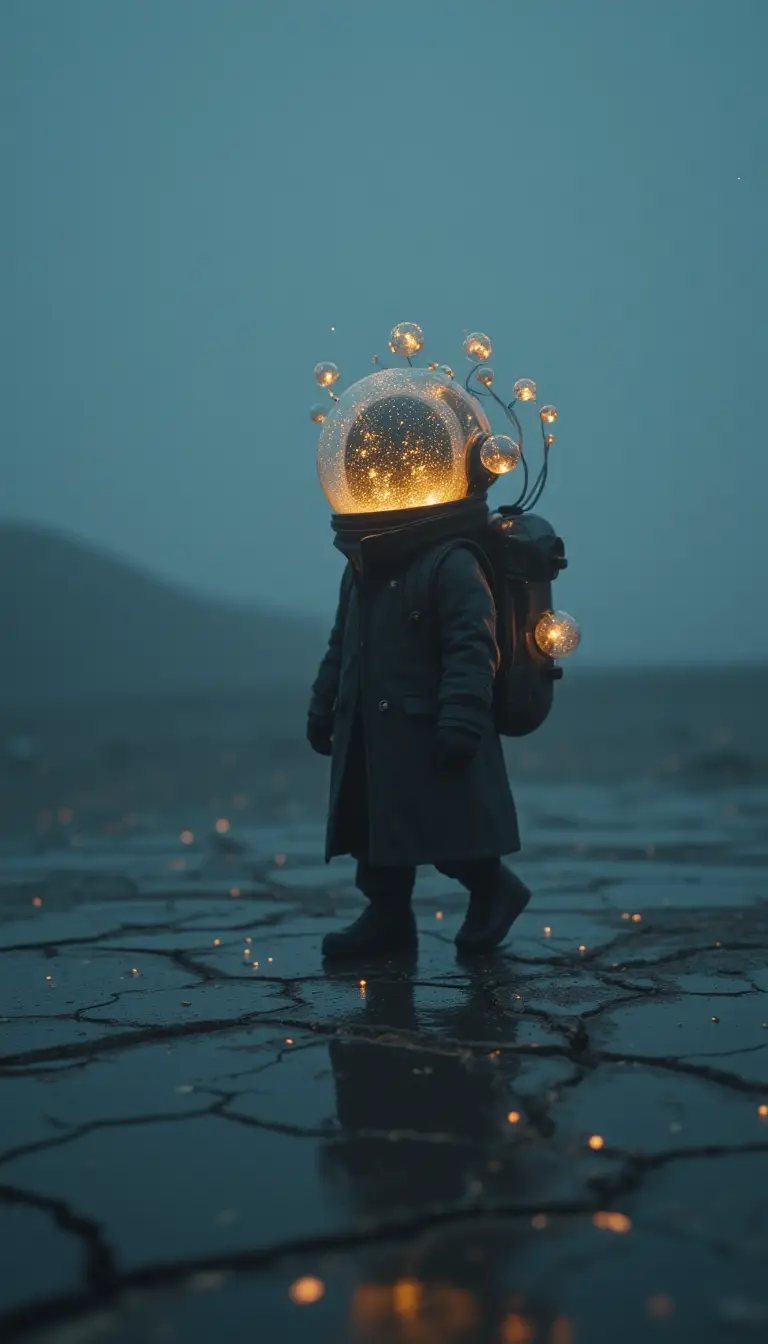 Lone explorer walking through a starlit alien dreamscape