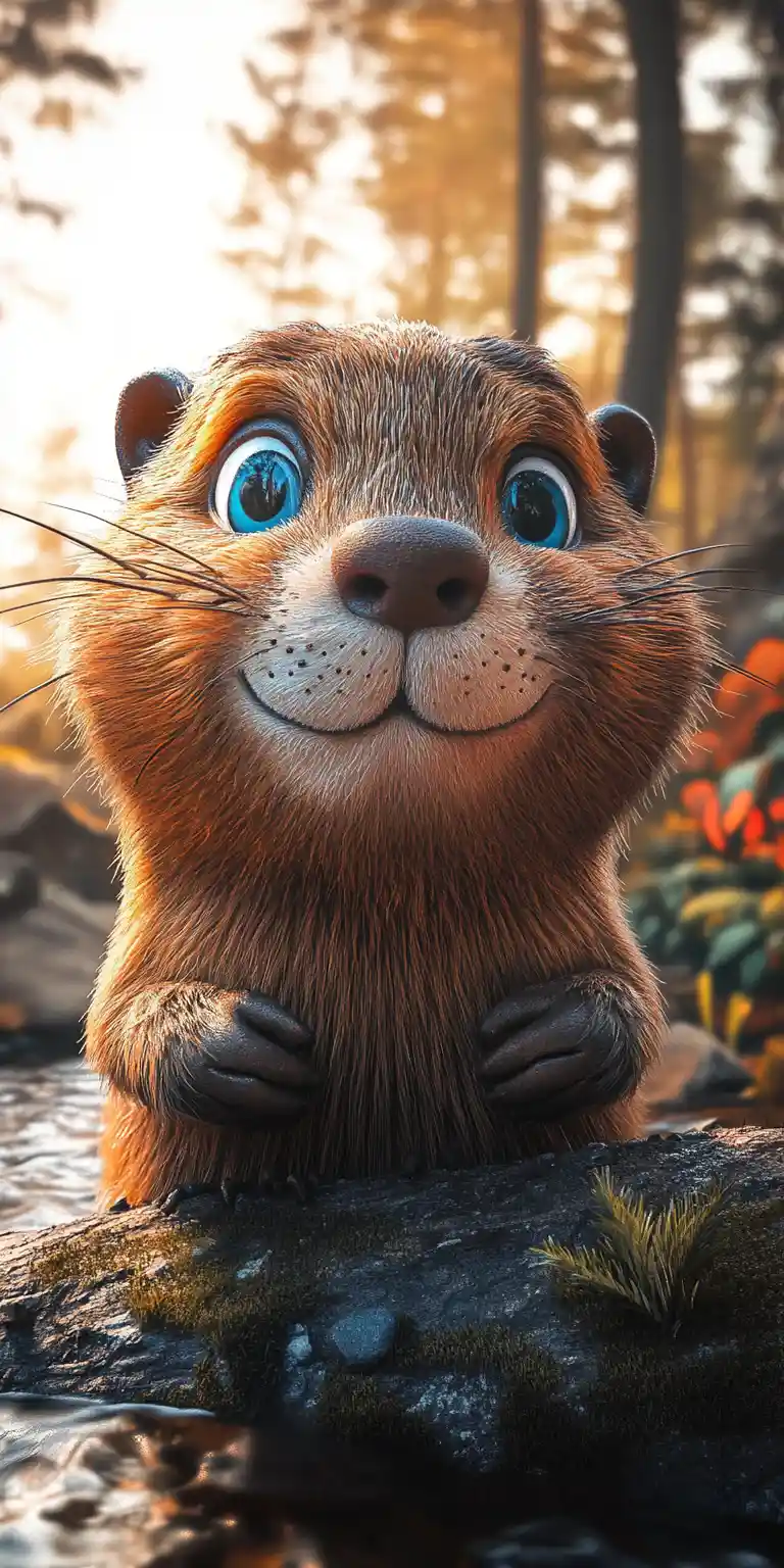 Cute 3d beaver close up in a soft forest scene
