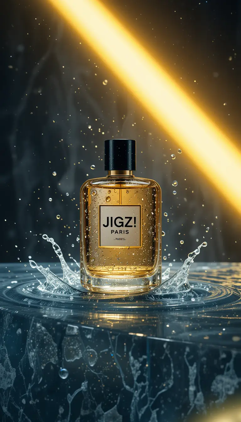 Perfume bottle on wet glass with dramatic yellow light