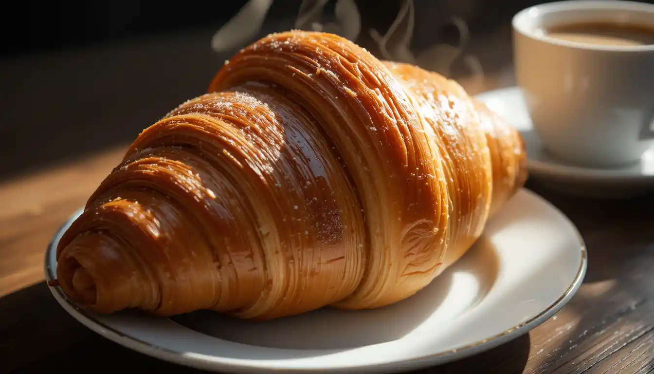 Close up of croissant with steaming coffee on saucer