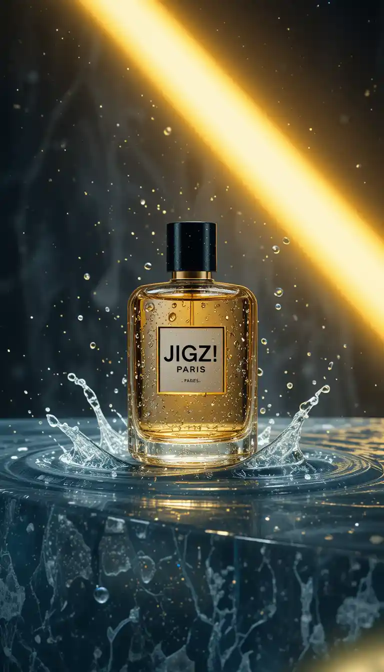 Perfume bottle on wet glass with dramatic yellow light