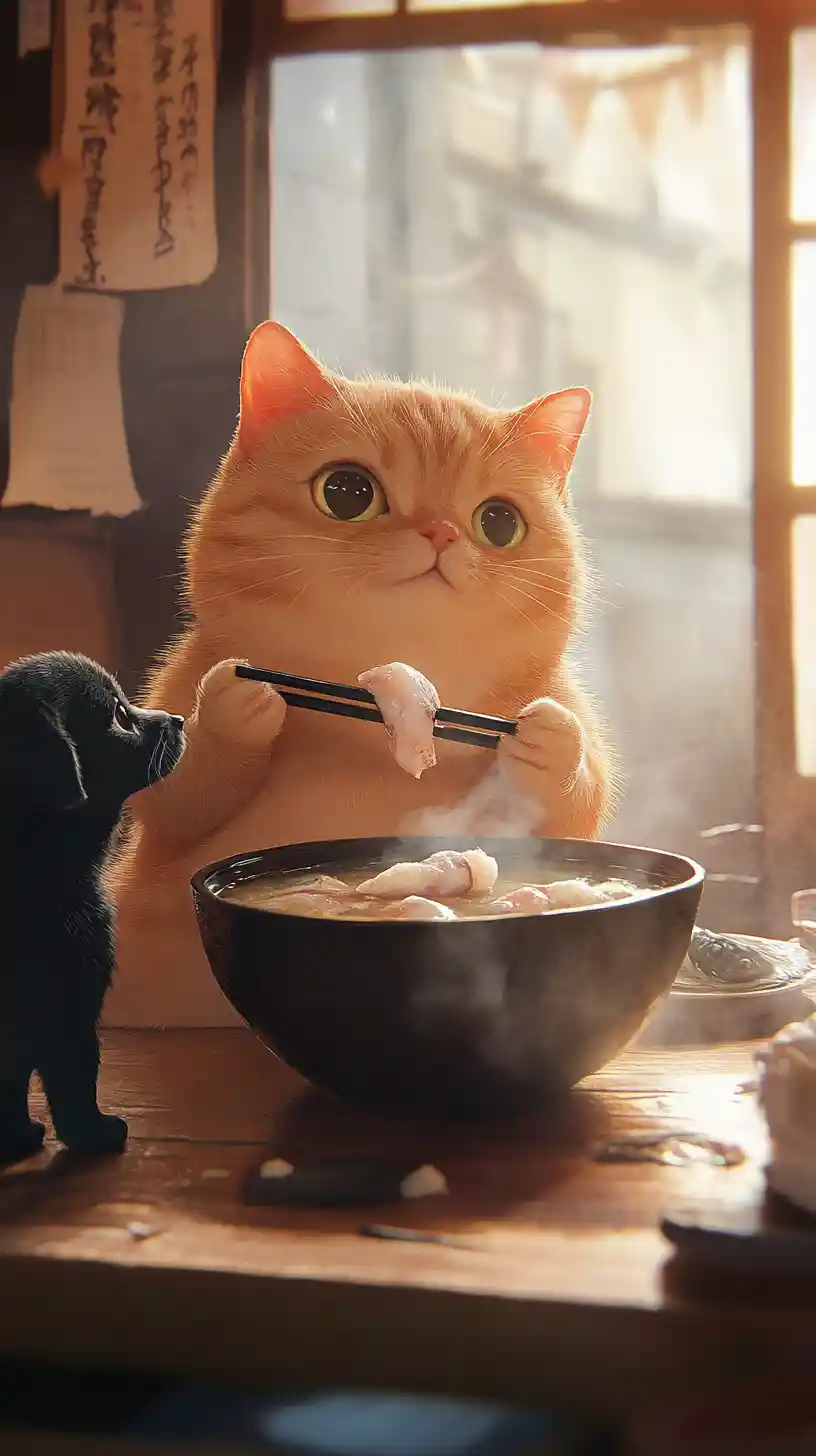 Chubby orange cat sharing fish stew with a puppy